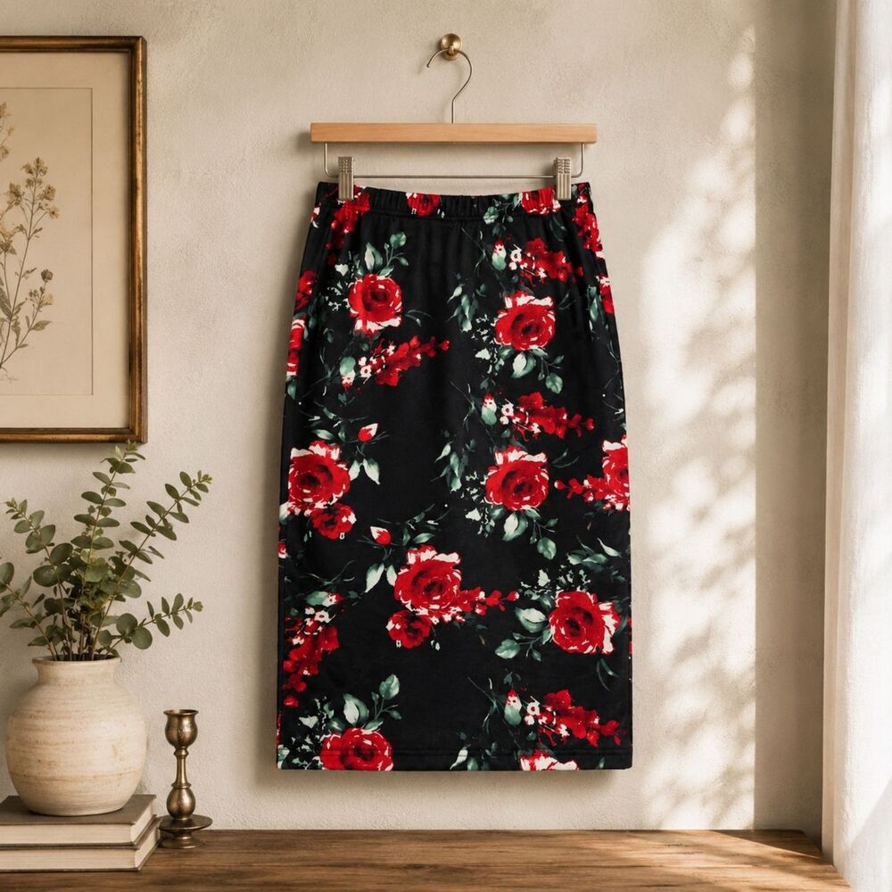 Women's Black Floral Pencil Skirt | Red Rose Print Stretch Pull-On Midi Skirt S